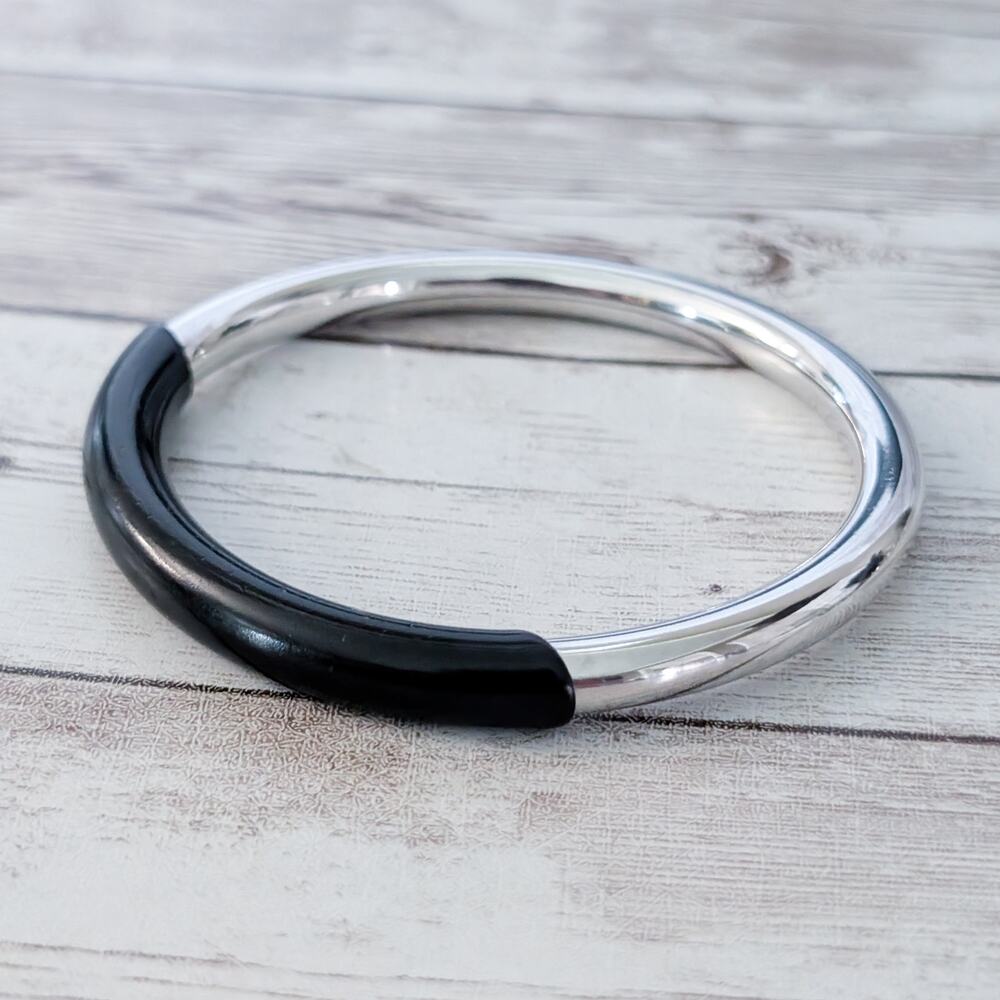 Vintage Statement Bracelet Silver Tone & Black Retro - Picture 2 of 8